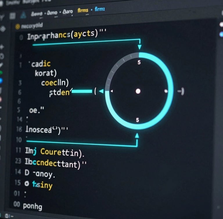 Macro shot of a clean code editor displaying structured layout syntax, with glowing electric cyan guides and a circular performance gauge, dark mode interface, high-contrast rendering.