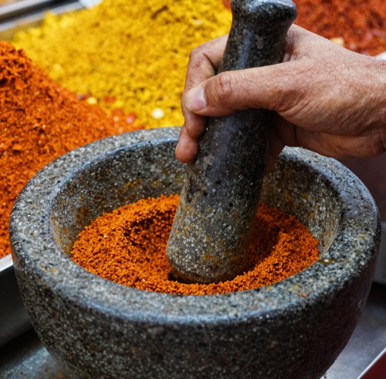 Close-up of hands grinding spices in a traditional mortar and pestle, vibrant colors, harsh market lighting, focus on texture, no text.