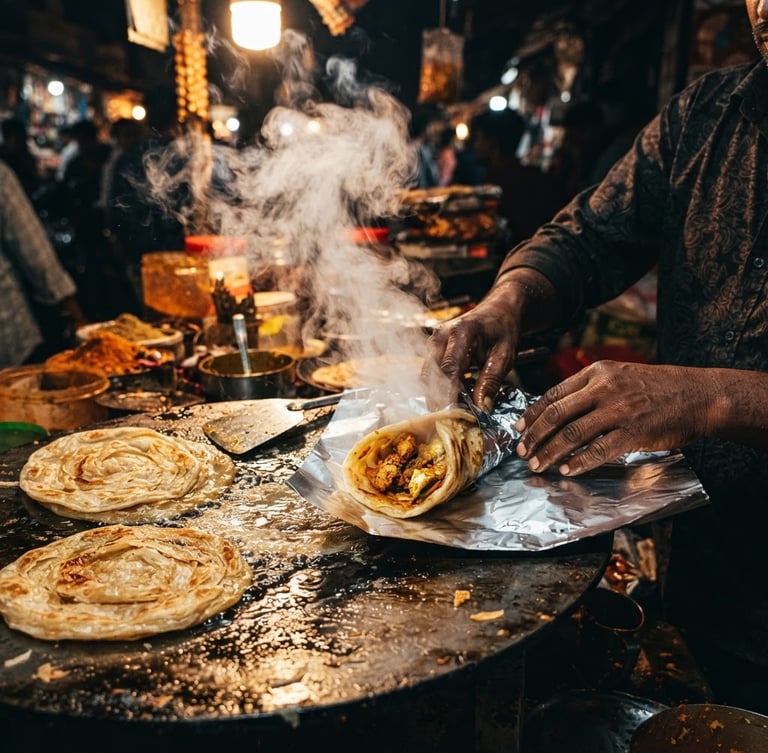 Close-up of steam rising from fresh parathas on a hot griddle under harsh market lights, hands wrapping a roll in foil, saturated warm tones.