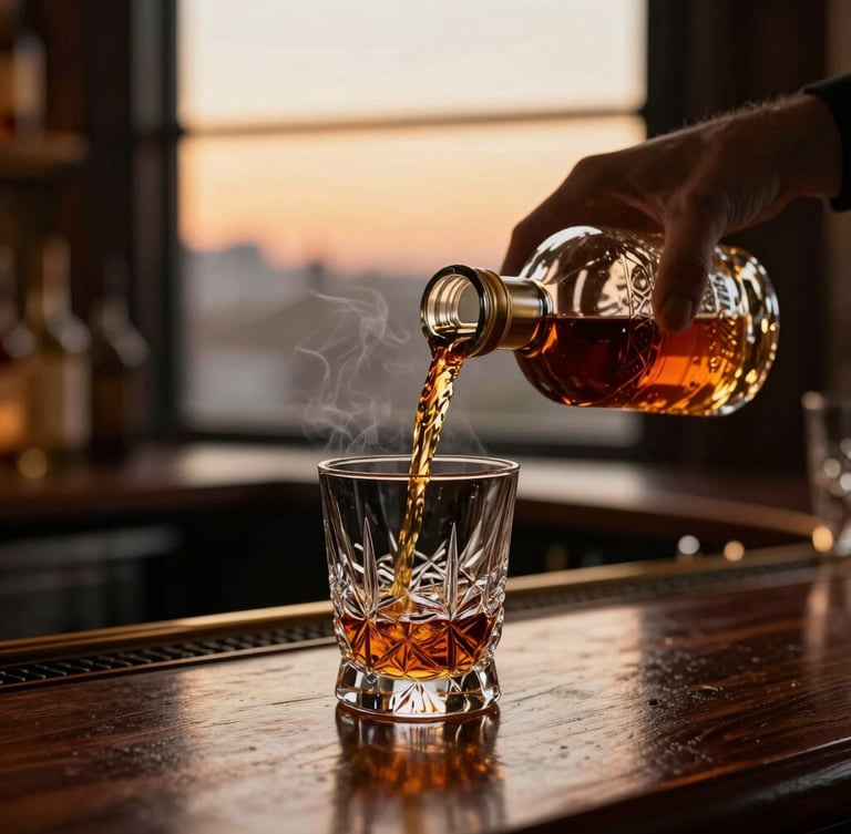 A hand pouring dark amber scotch into a heavy crystal glass on a dark mahogany bar counter, warm low-key lighting, soft smoke, luxurious atmosphere