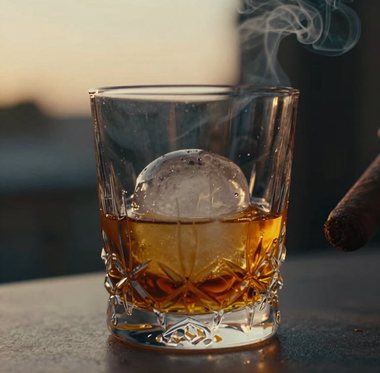 Macro photograph of a heavy crystal tumbler with dark golden rum, slow-melt ice sphere, gentle amber lighting, soft cigar smoke curling in the background, 35mm cinematic editorial