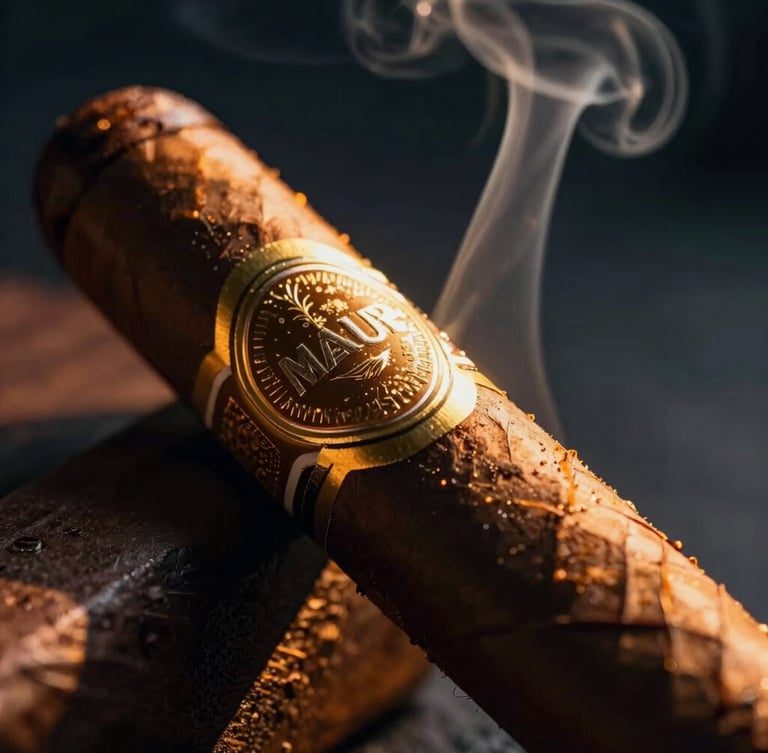 Macro extreme close-up of a dark textured oily maduro cigar wrapper with a gold leaf band, warm dramatic amber light casting long shadows, soft smoke curling in the background.