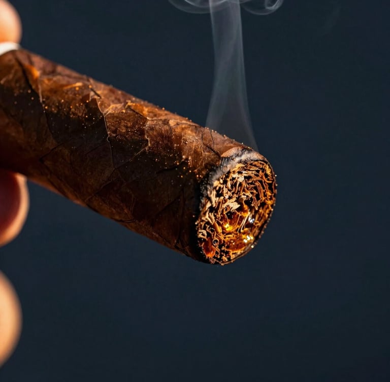 Macro close-up of a rich textured dark maduro cigar wrapper, a single glowing amber ember, soft wisps of smoke rising against a dark navy background.