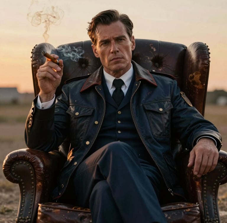 A sophisticated man in a vintage pilot jacket sitting in a weathered leather captain's chair, holding a glowing cigar, soft smoke, moody cinematic lighting