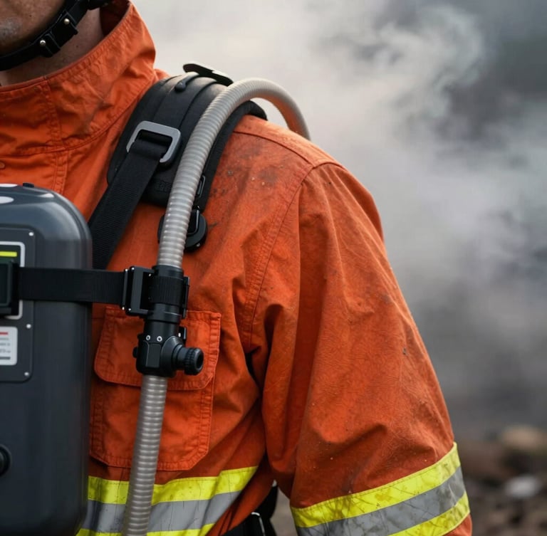 Close-up of a rugged high-visibility orange firefighting suit shoulder with an integrated insulated hydration tube and tactical bite valve, dramatic backlighting through thick grey smoke.