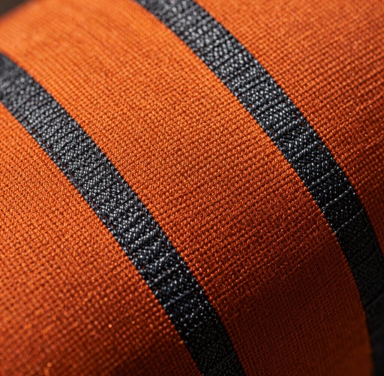 Macro close-up of orange and charcoal technical fire-retardant weave, showing heavy-duty aramid stitching, rugged tactile texture, dramatic side lighting casting deep shadows.