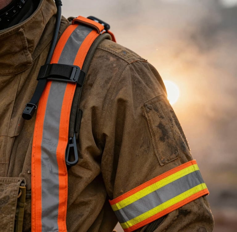 Close-up of rugged tactical wildland firefighting gear, high-visibility orange safety strips, textured fire-resistant fabric, backlit by intense warm light through thick smoke, dramatic macro framing.