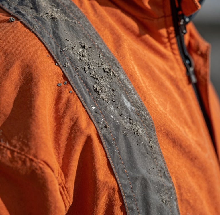 Macro portrait of rugged orange fire-retardant textile, close-up on heavy double-stitching and high-vis reflective strip, dusted with fine grey ash, dramatic side lighting.