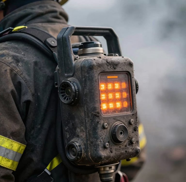 Macro shot of a rugged, soot-stained telemetry device mounted on a firefighter shoulder harness, glowing orange LED indicators active, dense smoke in the background, dramatic side lighting.