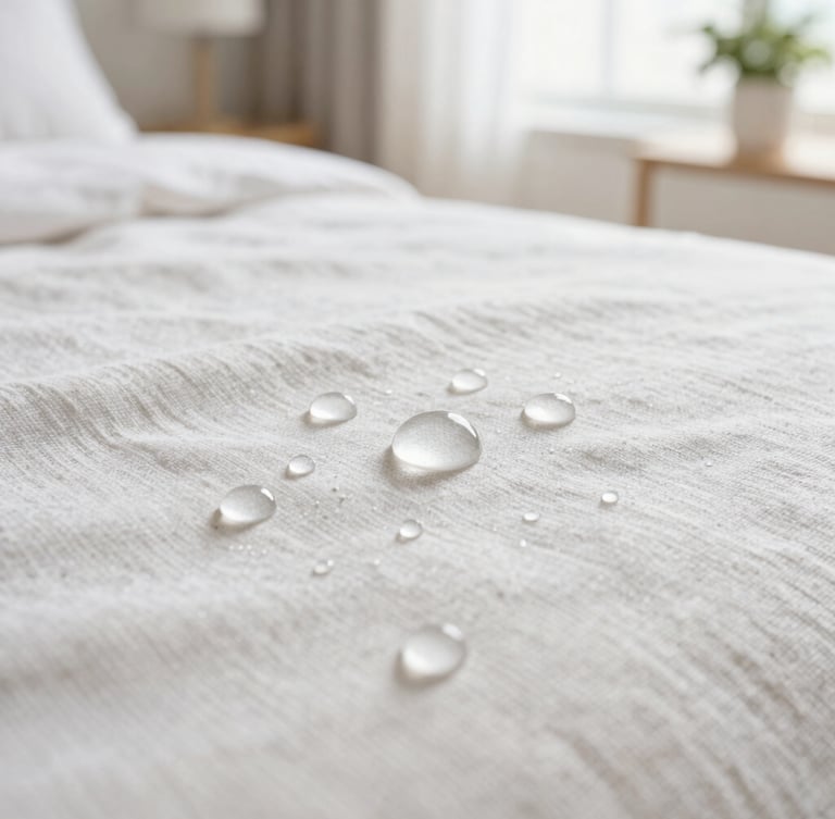Macro shot of water droplets perfectly beading up on a premium linen fabric texture, bright natural daylight, soft focus, high-end home-service aesthetic