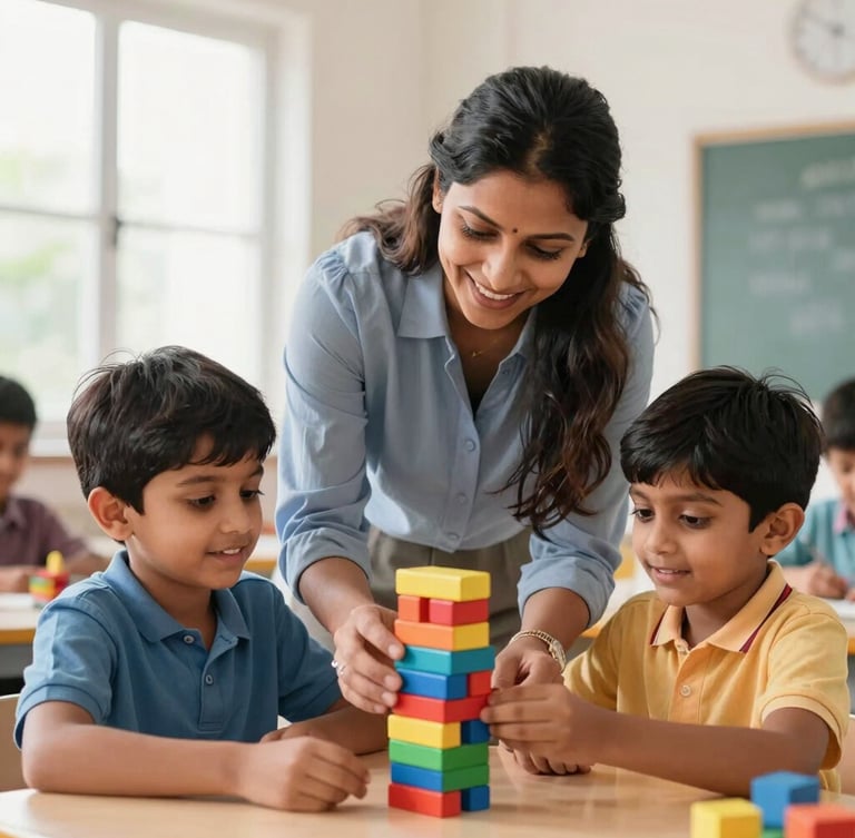 Candid medium shot of a caring female teacher guiding a young Indian child building a colorful wooden block tower, bright classroom, soft focus background.