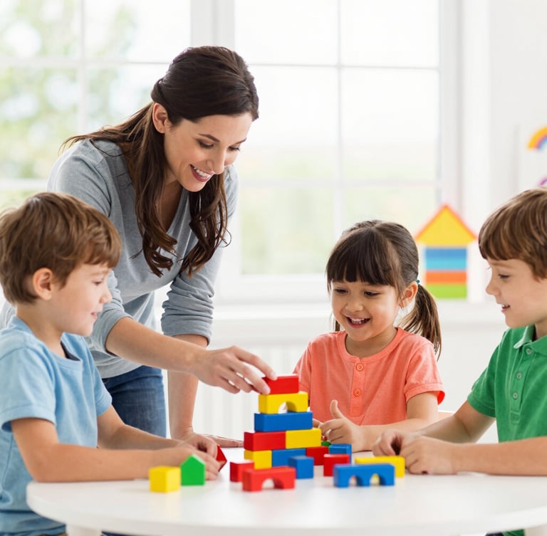 Caring teacher interacting at eye-level with joyful toddlers building colorful blocks in a bright classroom flooded with natural window daylight.