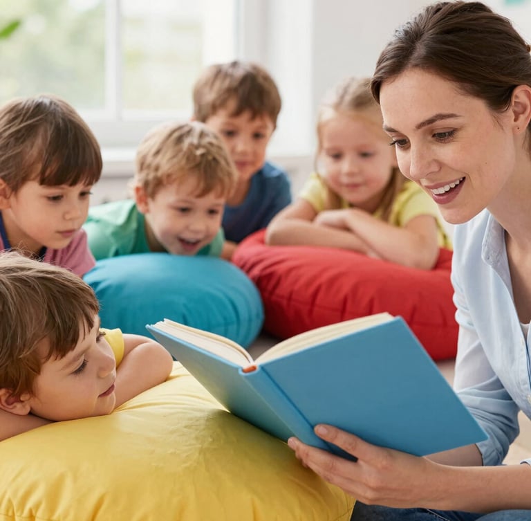 Candid close-up photography of a caring teacher reading a storybook to a small group of toddlers resting on soft colorful cushions, warm daylight, cozy atmosphere