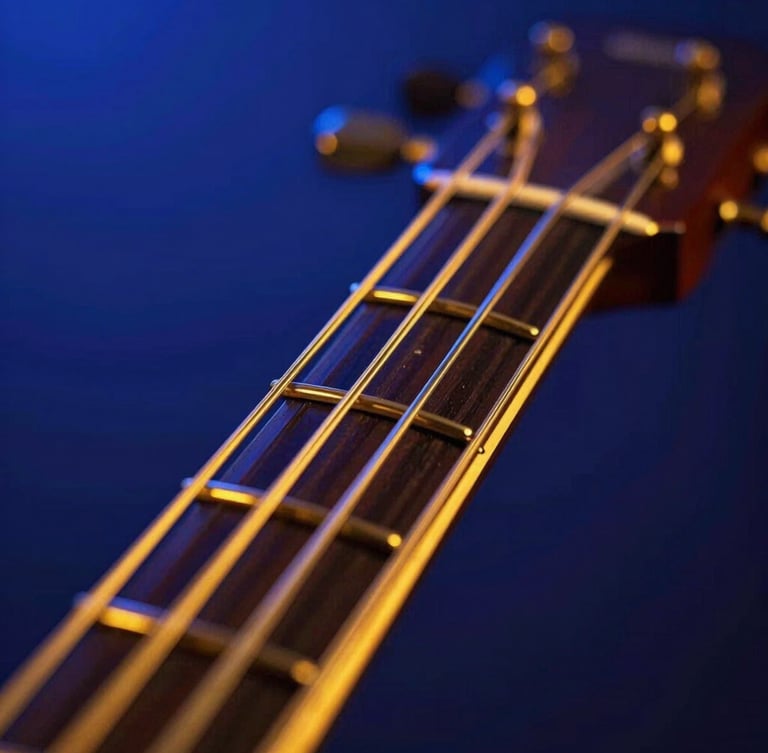 Macro close-up of golden veena strings under deep blue and neon saffron backlighting, futuristic editorial photography, high contrast, 35mm