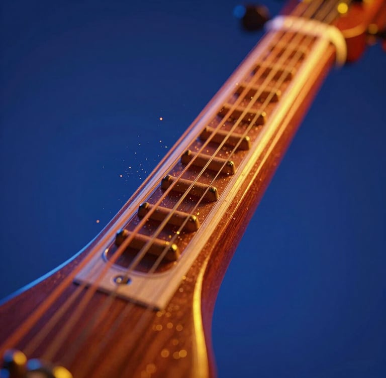 Dramatic close-up of a classical Indian veena, glowing neon saffron and deep blue backlight catching the metallic strings, dust particles floating in high-contrast light, futuristic editorial style