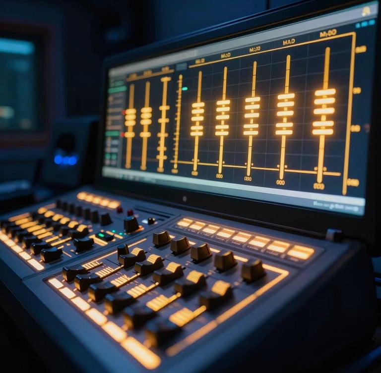 A high-tech digital radio studio at night, glowing neon saffron equalizers reflecting on dark glass, futuristic broadcast setup, wide angle, 35mm