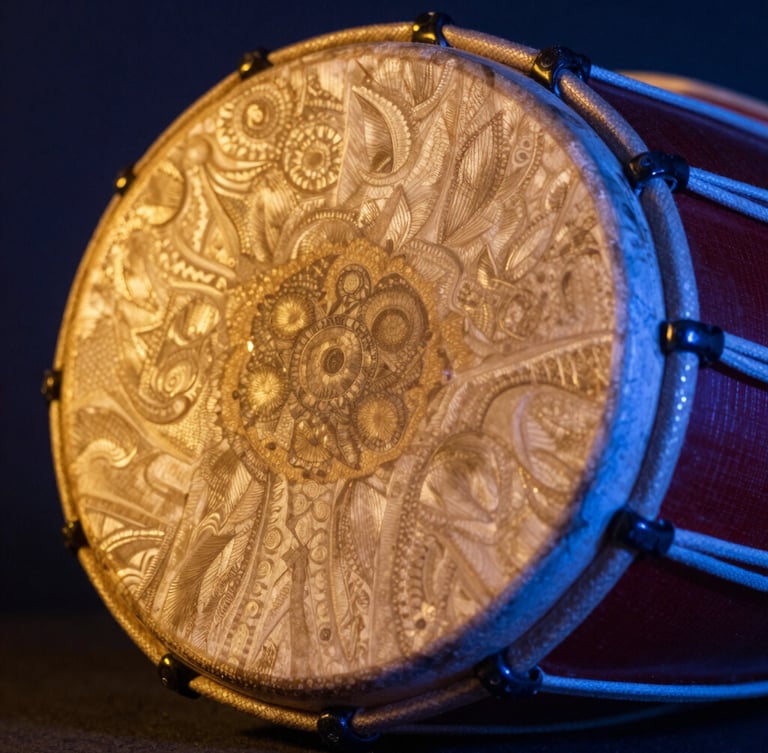 Close-up of a carved mridangam drum head, dramatic golden-hour highlights, neon blue ambient rim lighting, 35mm editorial