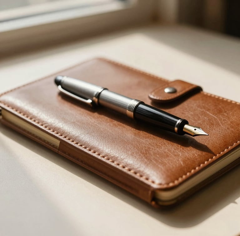 Close-up of a fountain pen resting on a leather notebook, warm natural light casting soft shadows on a cream desk, shallow depth of field, 35mm
