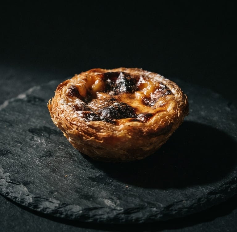 Dramatic chiaroscuro food photography, extreme close-up of a single minimalist Portuguese pastel de nata on a dark slate plate, harsh side light casting deep shadows, gallery aesthetic.