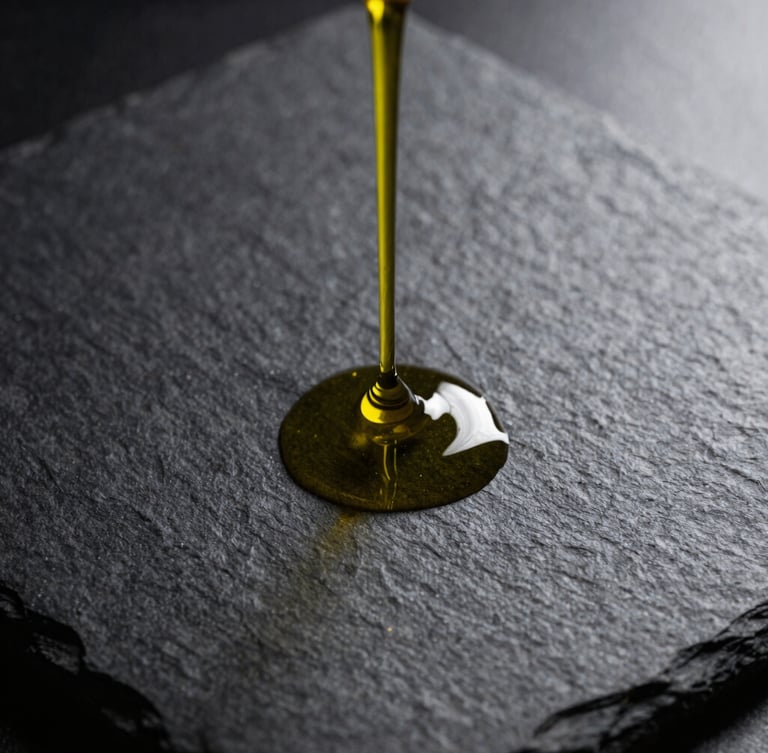 Macro shot of cold-pressed Portuguese olive oil slowly dripping onto a textured dark stone plate, high-contrast chiaroscuro lighting, deep shadows, 50mm lens