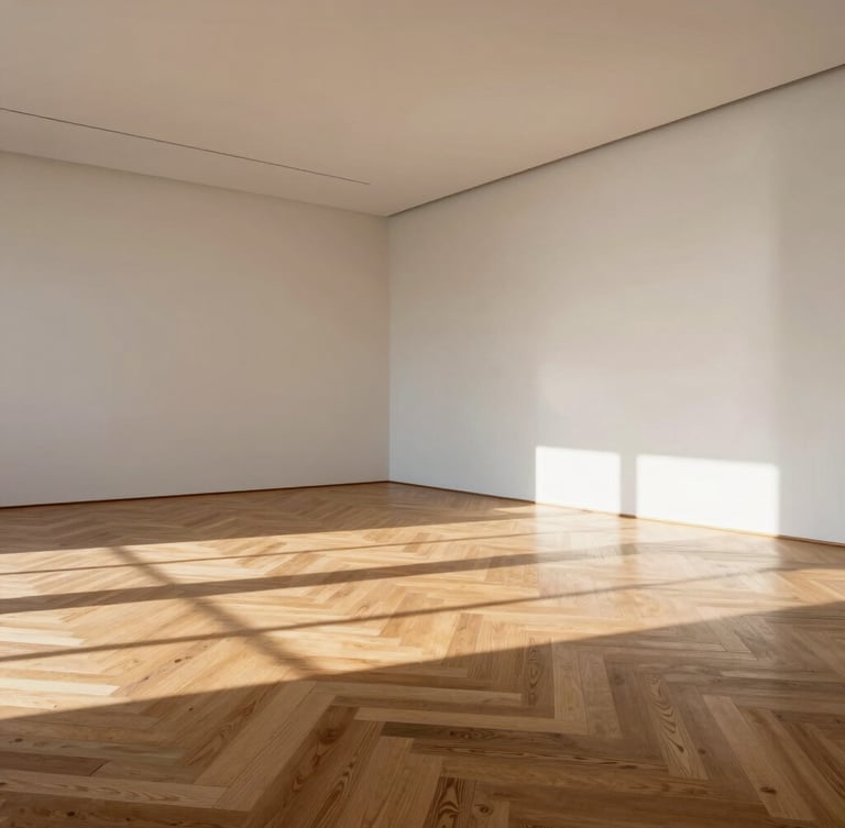 A wide architectural angle of an empty, pristine gallery room with sunlight casting long shadows across a flawless herringbone oak floor.