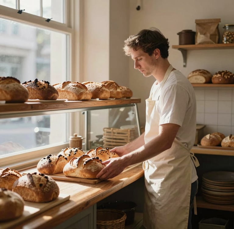 A quiet, sunlit local bakery counter, a baker in a clean apron placing fresh bread on a wooden shelf, soft morning light, natural shadows, realistic environmental portrait.