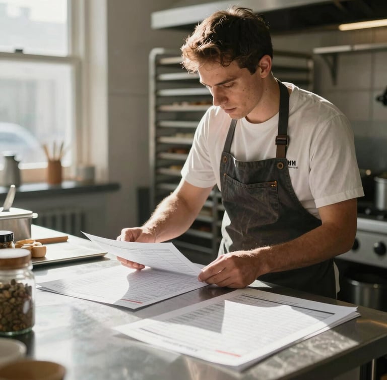 A local bakery owner reviewing printed schedules in a sunlit kitchen, natural morning light, soft shadows, medium portrait.
