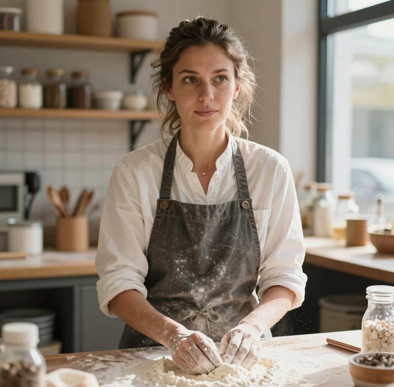 A quiet, warm environmental portrait of a local bakery owner in natural morning light, dusted with flour, looking thoughtfully off-camera in her well-lit workspace.