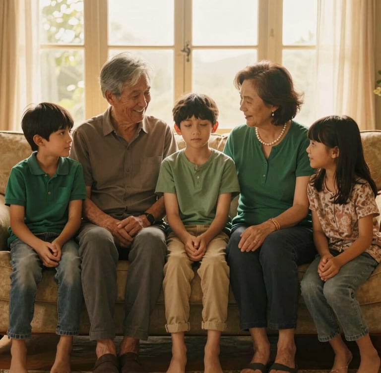 A warm multi-generational family sharing a quiet, authentic moment in a sunlit living room, soft golden-hour lighting, relaxed and natural expressions