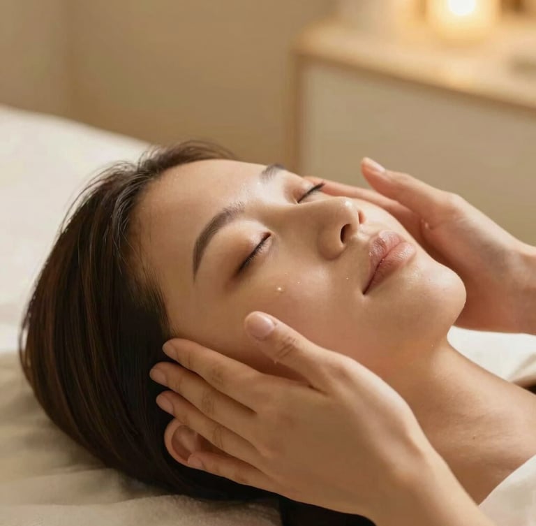 Close-up of professional aesthetician hands gently applying a facial treatment under warm golden light, intimate spa atmosphere, soft focus, warm cream background