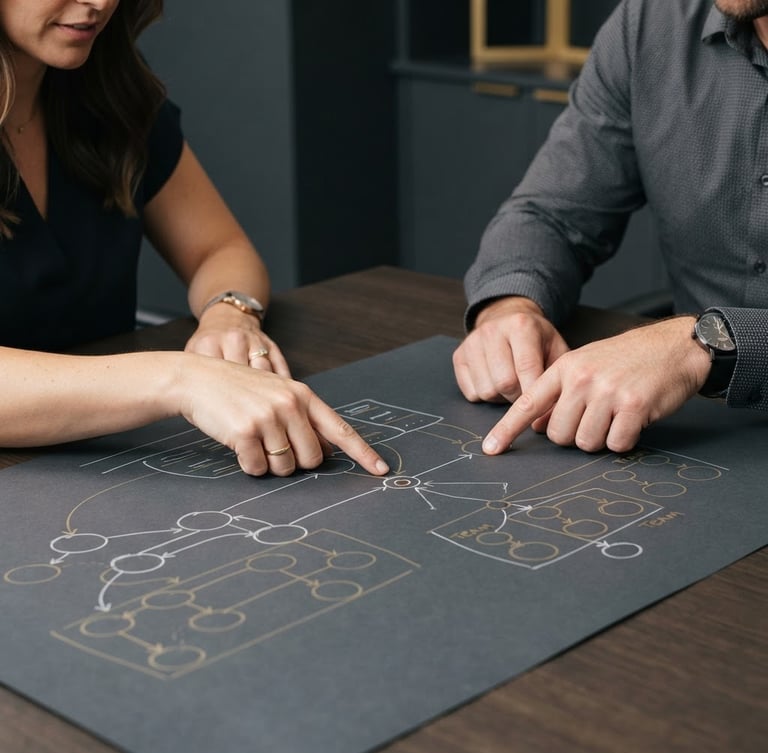 Close-up of hands pointing to a clean organizational diagram on a table during a structured planning session, neutral studio lighting, dark charcoal background.
