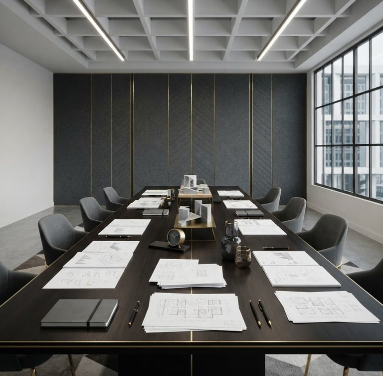 Architectural geometric view of a modern clean conference room, structured planning paperwork on a dark table, neutral studio light, gold accents, 50mm lens