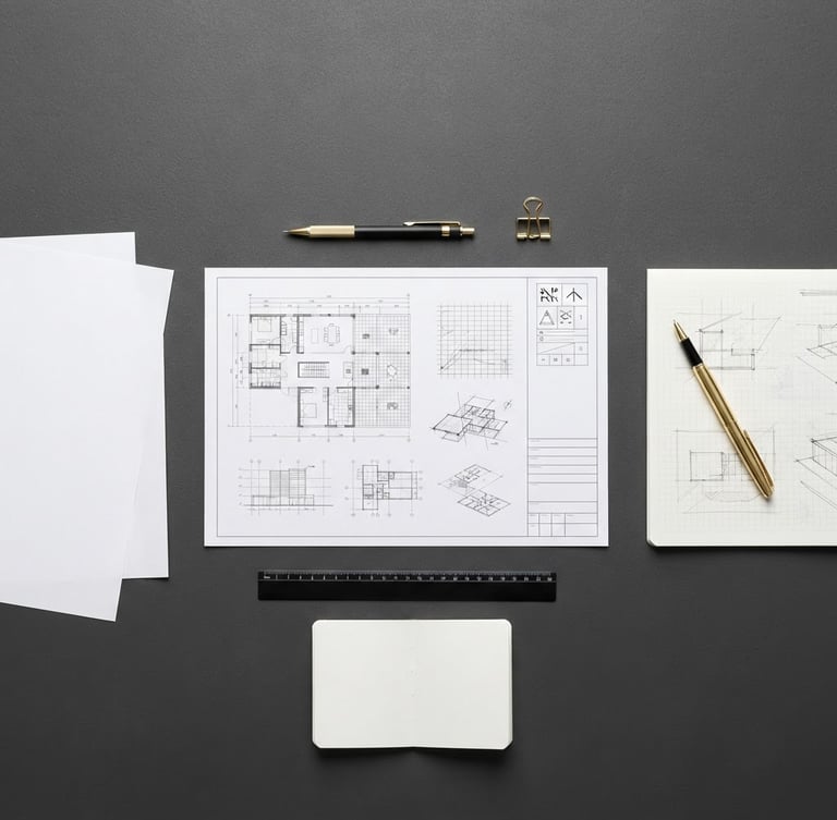 Architectural overhead view of a dark gray desk, crisp white planning documents, a gold pen, sharp neutral studio lighting, 50mm lens, high contrast.