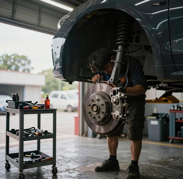 Straight-on eye-level shot of an active garage bay at G.D Auto, a mechanic working on a brake assembly under warm industrial work lights, tools organized on a metal cart nearby, natural overcast daylight filtering through the open bay door.