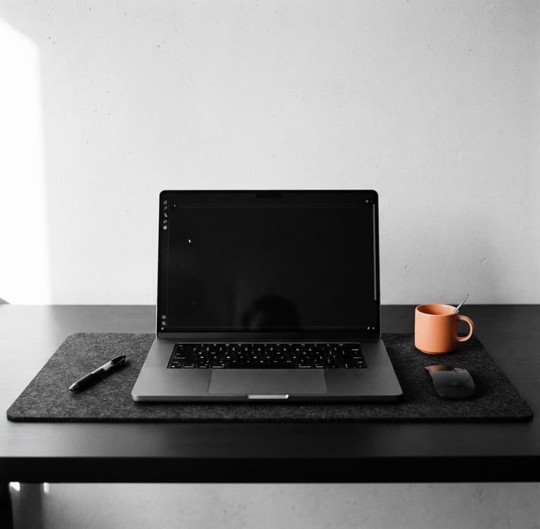 Minimalist workspace detail, sharp studio light, high-contrast monochrome with subtle orange accents, clean composition, 50mm