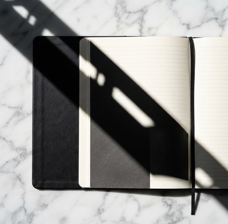 Macro close-up of a sleek physical black notebook resting on a white marble desk, sharp architectural shadow cutting diagonally across the page, 50mm.
