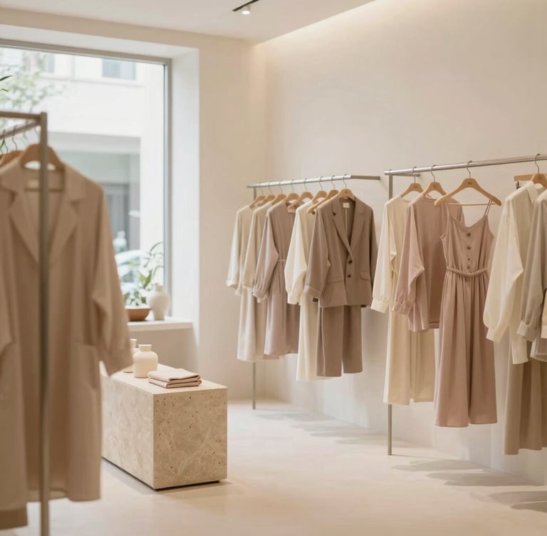 Warm environmental shot of a minimalist boutique interior in Ampang, soft neutral tones, elegant clothing racks and stone displays, diffused window light, 35mm