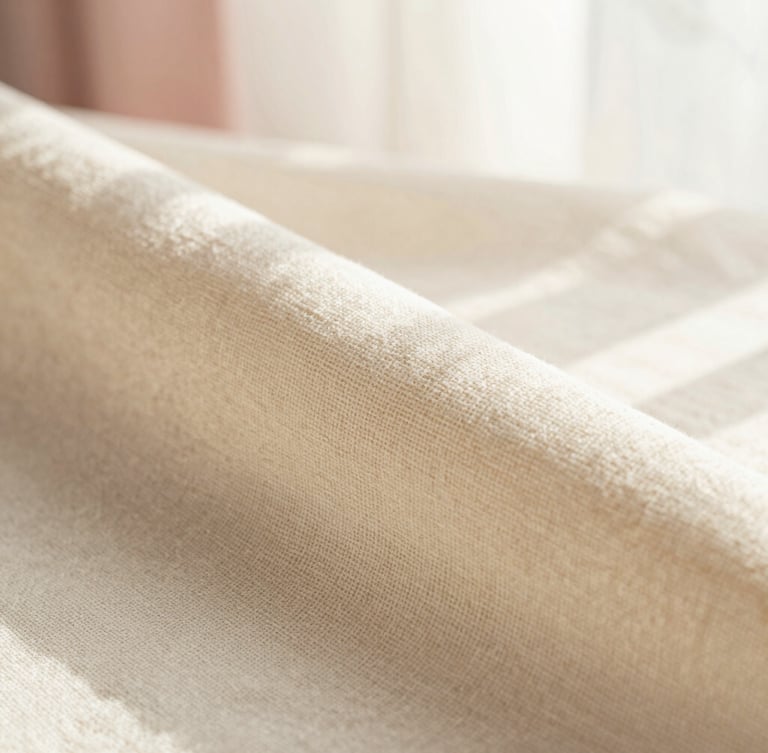 Macro close-up of textured cream linen fabric, soft natural window light casting gentle shadows, showing fine weave and craftsmanship, warm-minimalist aesthetic, 35mm