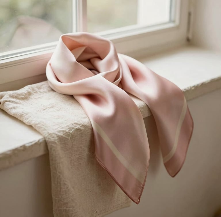 Warm editorial photography of soft beige linen fabrics and elegant silk scarves draped over a stone ledge, diffused natural window light, shallow depth of field, 35mm