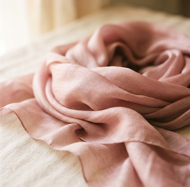 Warm editorial photography of a beautifully draped dusty pink silk scarf catching soft window light, cream background, shallow depth of field, 35mm