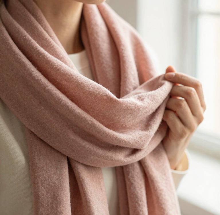 Close-up of hands gently holding a folded dusty rose scarf, showing the fine weave and soft fabric texture, warm natural window light