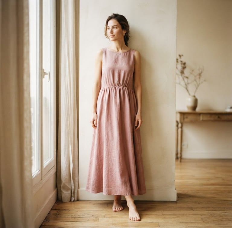 Elegant full-length shot of a dusty rose linen dress draped softly, warm natural window light, cream background, editorial fashion photography, shallow depth of field, 35mm