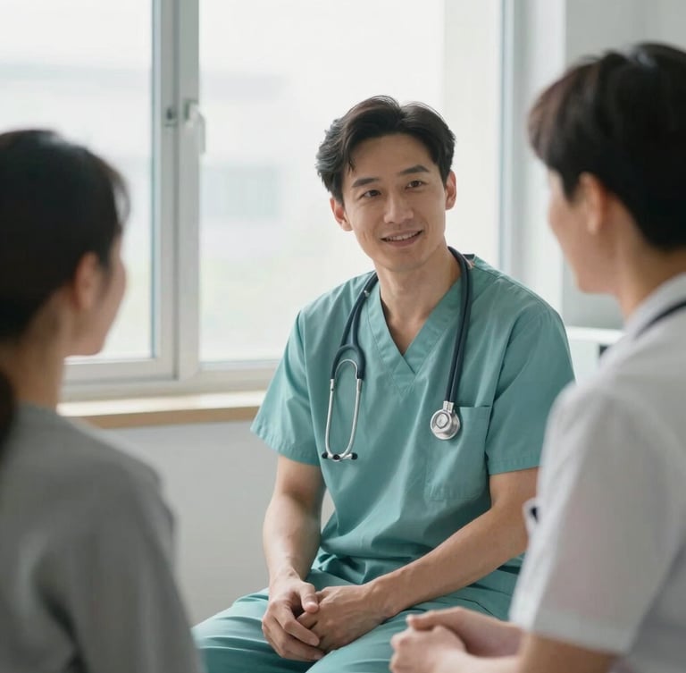 Medium shot of a professional medical doctor in clean scrubs, interacting warmly with a patient in a bright, orderly room with soft daylight.