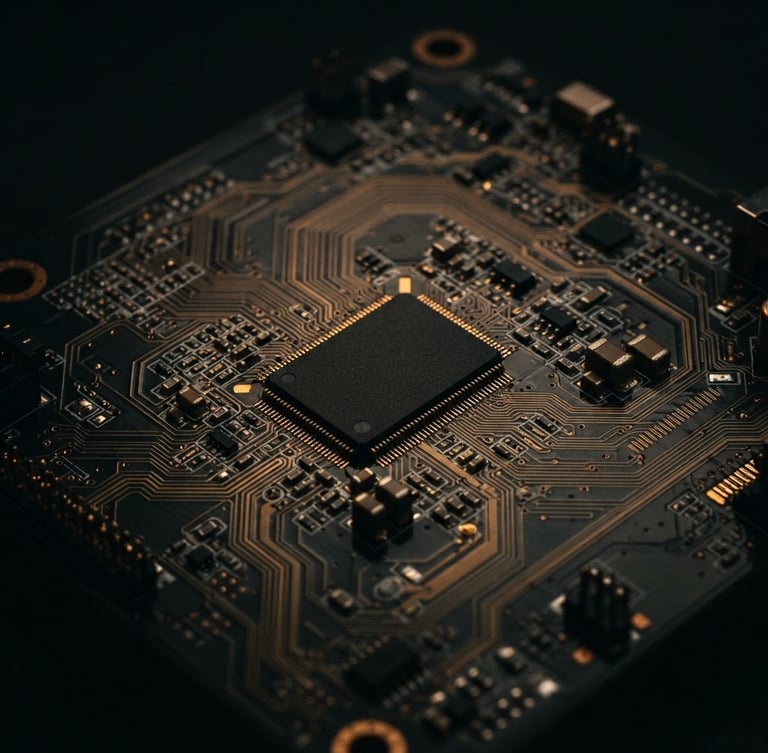 Macro photography of clean motherboard traces and a matte black silicon chip, sharp amber rim lighting, dramatic low-key studio lighting, 50mm
