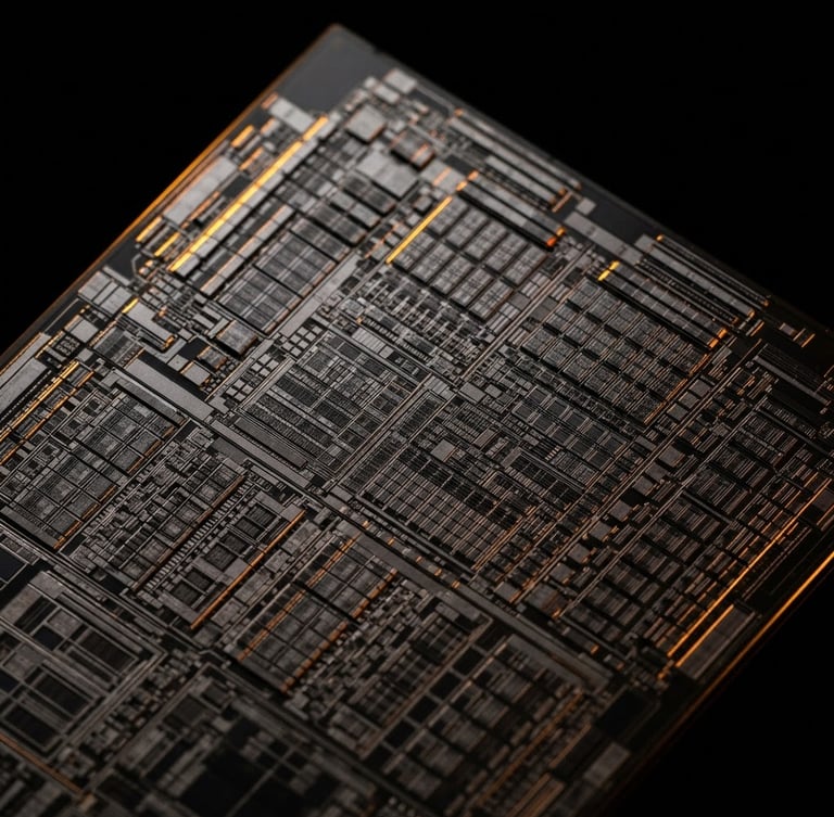 Dramatic close-up of a raw silicon processor die with sharp amber rim lighting on a matte black background, showcasing intricate micro-architecture.
