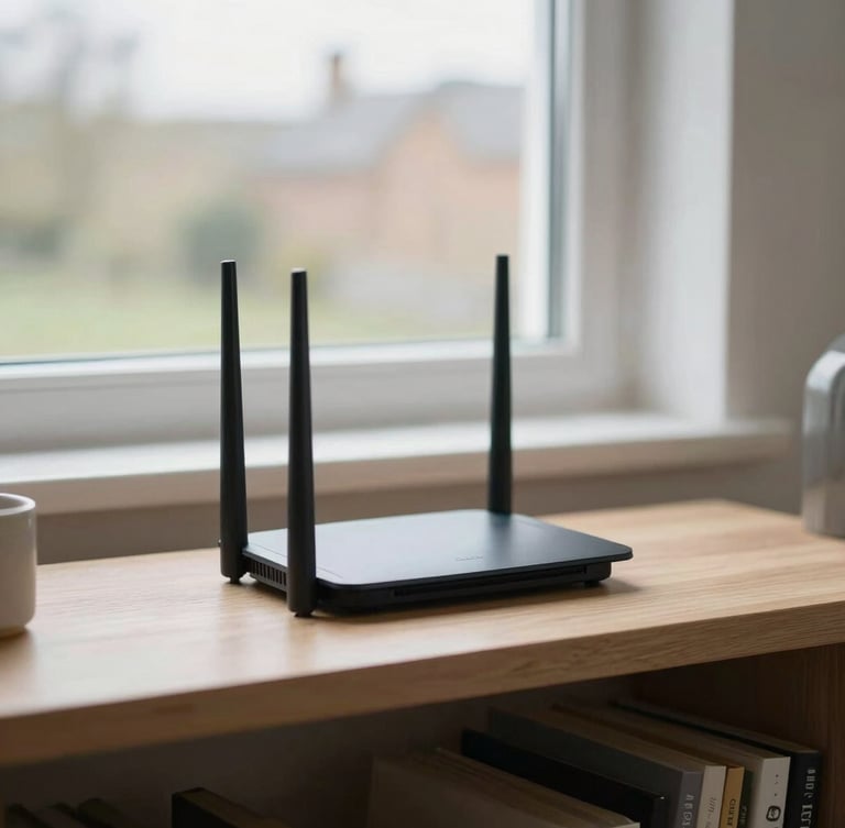 A modern UK living room with soft overcast daylight filtering through the window, a router resting on a light wooden shelf in the background, shallow depth of field