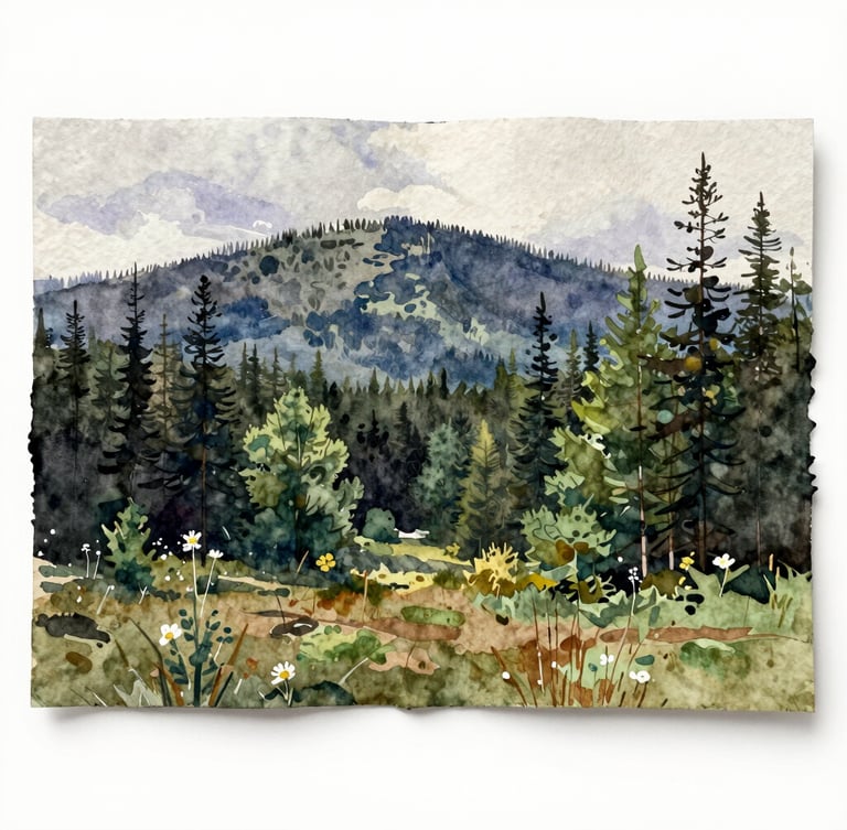A high-fidelity flat scan of a Yukon watercolor painting showing the deckled edges of heavy unbleached paper, soft diffused northern daylight, charcoal and deep forest green washes settling into the rich grain.