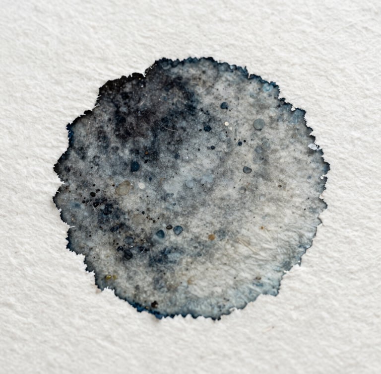 Macro scan of watercolor paint settling into heavy unbleached cotton paper, showing deckled edges and raw mineral pigment granules under soft diffused daylight