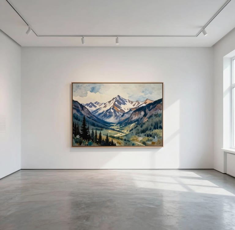 A quiet, minimalist white-walled gallery interior with soft northern daylight casting gentle shadows, a single large framed watercolor painting of a silent Yukon mountain valley hanging on the central wall, wide angle, high negative space.