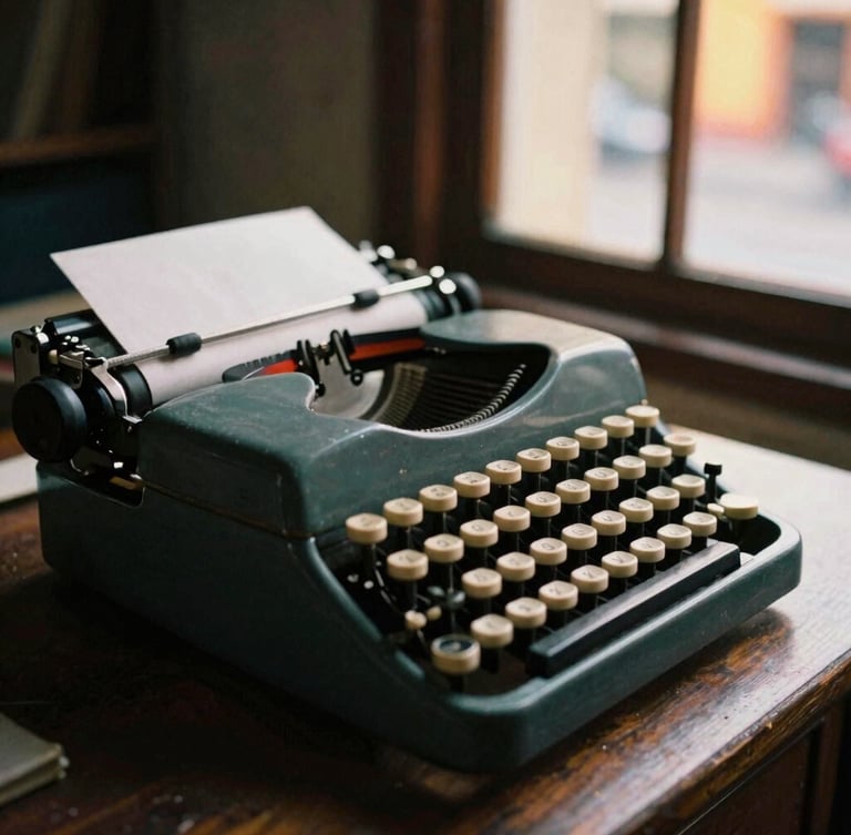 Candid close-up of a vintage typewriter on a dark wooden desk in a Mexico City study, warm low-light neon glow from the window, 35mm film grain